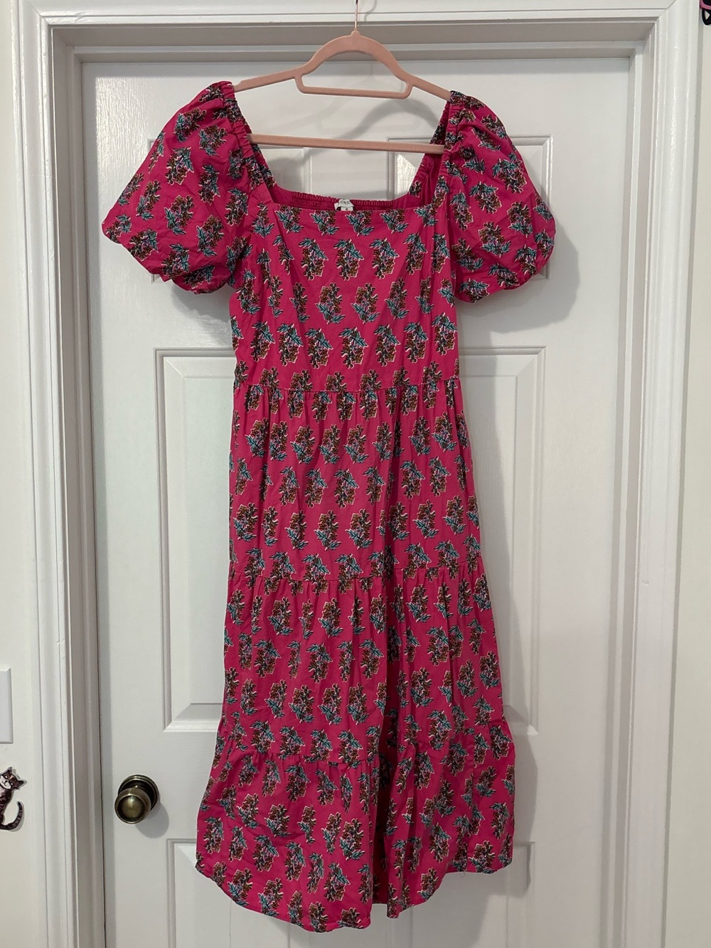 J. Crew Hot Pink Floral Puff-Sleeve Midi Dress